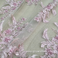 Pink Rhinestion Handwork Embroidery Fabric